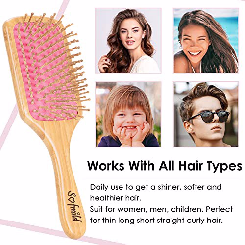 Hair Brush-Natural Wooden Bamboo Brush and Detangle Tail Comb Pink 6