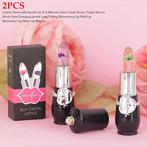 BINGBRUSH 2Pcs Crystal Flower Jelly Color Changing Lipstick,Black Tube 8