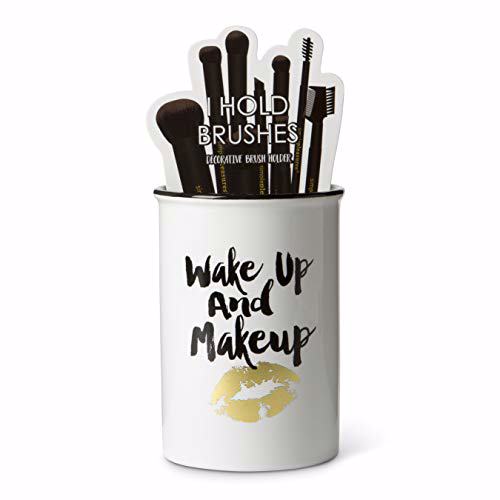 VOTUM Ceramic Makeup Brush Holder Storage with Cute Sayings Wake up and Makeup 1