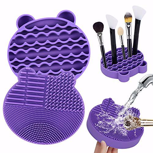QXUJI Makeup Brush Cleaning Kit, 2 in 1 Silicone Brush Cleaner Mat, Portable Makeup Brush Scrubber Pad with Drying Rack Holder Bear Shaped, Purple