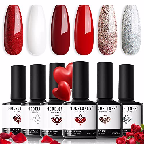 Modelones Gel Nail Polish Set - 6 Colors Burgundy Red Glitter