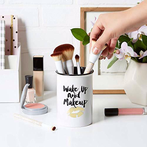 VOTUM Ceramic Makeup Brush Holder Storage with Cute Sayings Wake up and Makeup 7