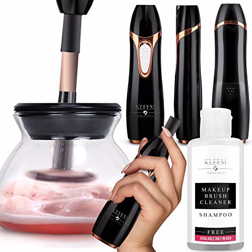 Kleem Organics Makeup Brush Cleaner and Dryer Machine, Electric Cosmetic Automatic Brush Spinner with Rubber Collars, Wash and Dry in Seconds, Deep Cosmetic Brush Spinner for Makeup Brushes