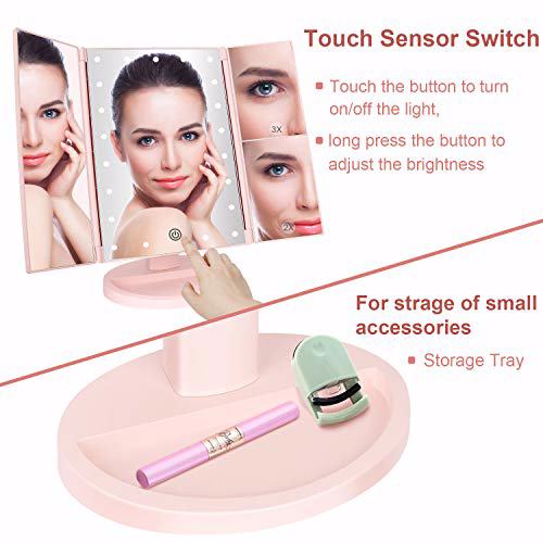 deweisn Tri-Fold Lighted Vanity Mirror with 21 LED Lights Pink 5
