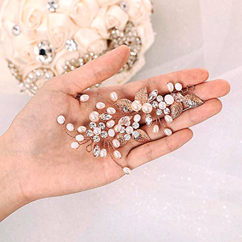 Gorais Bride Wedding Hair Vine Rose Gold Pearl Bridal Headpieces, B Rose gold 4