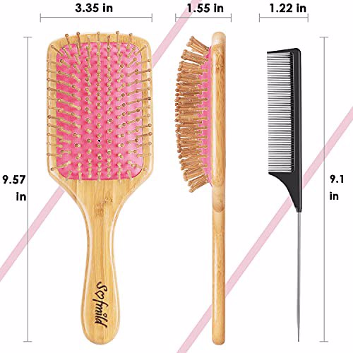 Hair Brush-Natural Wooden Bamboo Brush and Detangle Tail Comb Pink 5