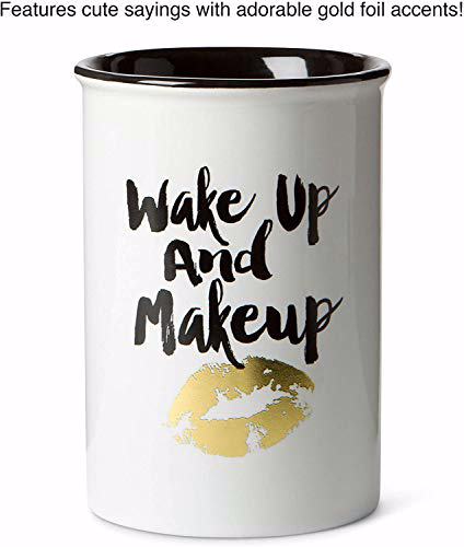 VOTUM Ceramic Makeup Brush Holder Storage with Cute Sayings Wake up and Makeup 5