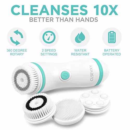 Waterproof Facial Cleansing Spin Brush Set with 3 Exfoliating Brush Heads, Green 2