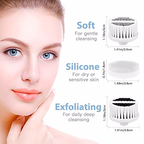 Waterproof Facial Cleansing Spin Brush Set with 3 Exfoliating Brush Heads, Blue 2