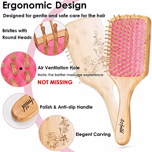Hair Brush-Natural Wooden Bamboo Brush and Detangle Tail Comb Pink 2