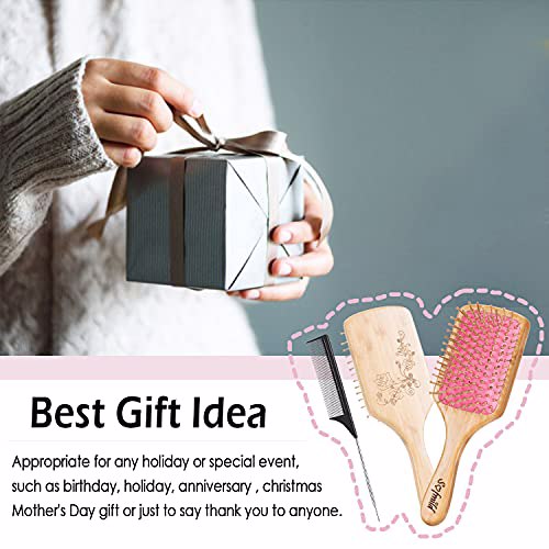 Hair Brush-Natural Wooden Bamboo Brush and Detangle Tail Comb Pink 7